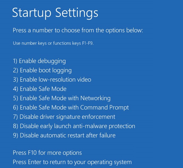 startup settings screen