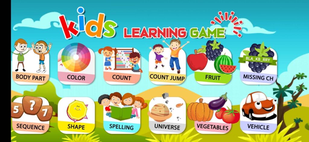 الصفحة الرئيسية لتطبيق Kids Learning Game أحد تطبيقات ألعاب تعليمية