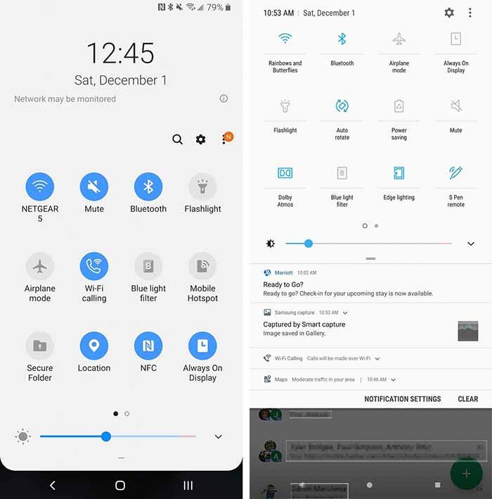 Galaxy Note 9 One UI vs SE Quick Settings