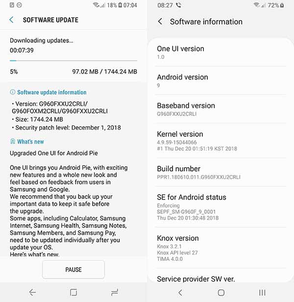 Samsung Galaxy S9 S9 Plus Android Pie Firmware update