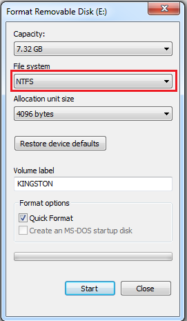 عمل فورمات للفلاشة بنظام NTFS