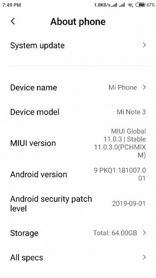تحديث MIUI 11 هاتف Mi Note 3