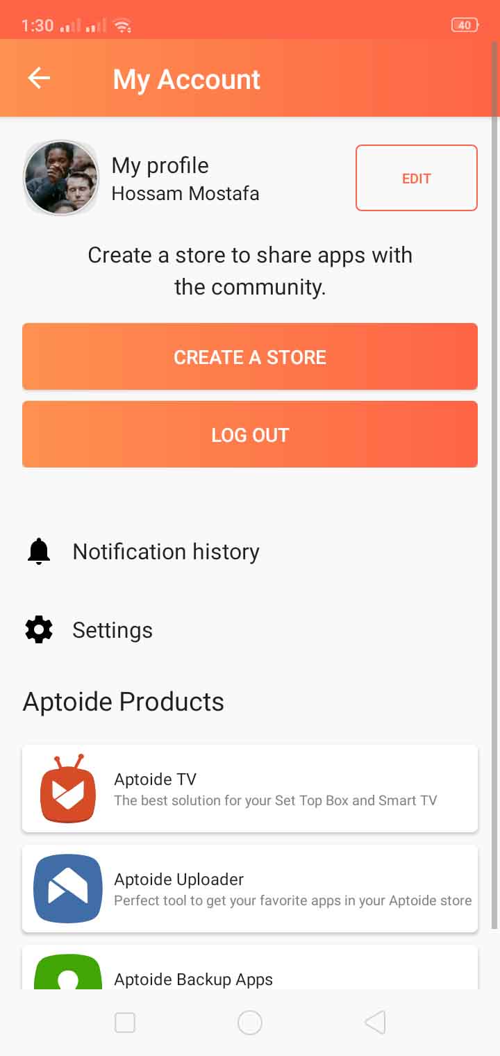 الحساب الشخصي على تطبيق Aptoide