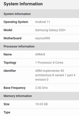 galaxy s20 geekbench android 11