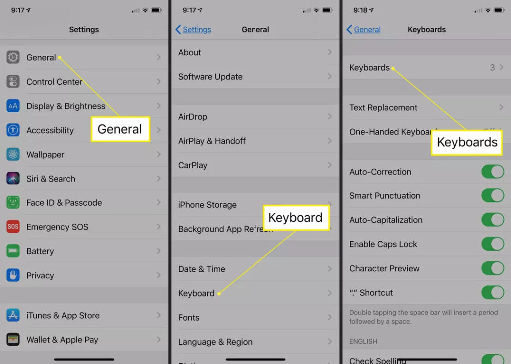 قسم Keyboards لتغيير اللغة الافتراضية للوحة المفاتيح في الايفون