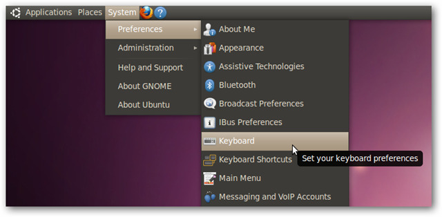 اختيار Keyboard من قائمة Preferences من System menu لتعيين وتغيير اللغة الافتراضية في اللينكس