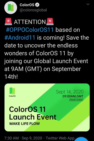 تغريدة أوبو عن تحديث ColorOS 11 القادم على تويتر