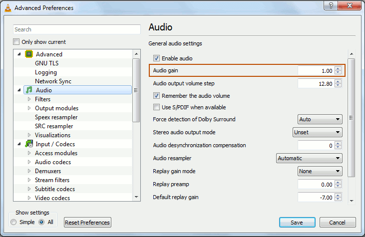 الضغط على Audio ثم Audio gain في برنامج في ال سي بلاير لرفع درجات الصوت