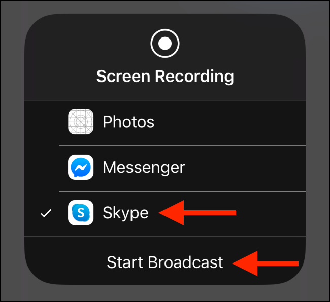 اختيار Skype وبعد ذلك اضغط على Start Broadcast