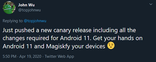 Android 11 Magisk Development topjohnwu tweet 2
