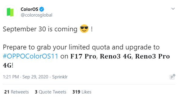 Oppo F17 Pro Reno 3 ColorOS 11 Announcement