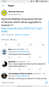 Motorola Android 11 update eligible devices Twitter