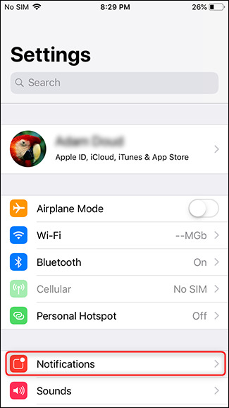 اختيار notifications من تطبيق Settings لتعطيل إشعارات Apple TV من هاتف الايفون