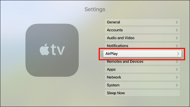 اختيار AirPlay من تطبيق Settings للتأكد من تشغيل خاصية آير بلاي في جهاز Apple TV