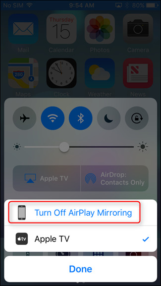 وقف الاتصال بالضغط على Turn Off AirPlay Mirroring