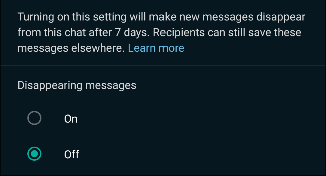 الضغط على ON لتفعيل خاصية Disappearing messages