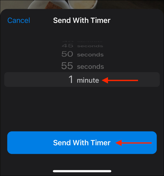 تحديد المؤقت والضغط على Send with Timer لتستطيع إرسال رسائل مخفية