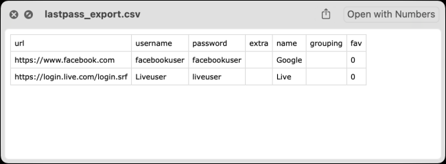 ملف CSV الخاص بكلمات السر واسماء المستخدمين المحفوظين في تطبيق لاست باس