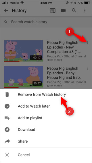 الضغط على Remove From Watch History لمسح الفيديو من سجل المشاهدة