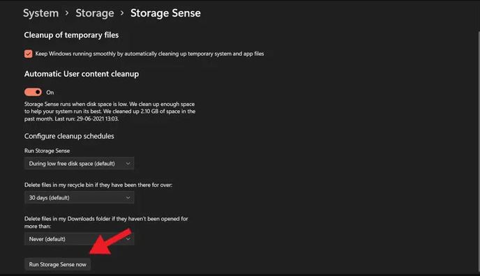 حذف ملفات الويندوز القديم بخاصية Storage Sense في Windows 11