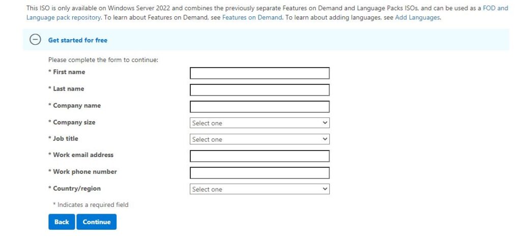 Select your experience Windows Server 2022 download form