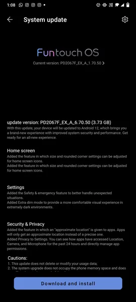 Vivo V20 2021 Android 12 update changelog