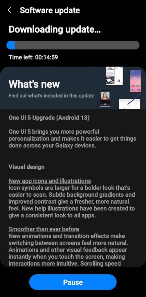 Screenshot of the One UI 5 update screen for the Galaxy S21 series 1