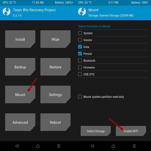 Install or Transfer file via TWRP Enable MTP