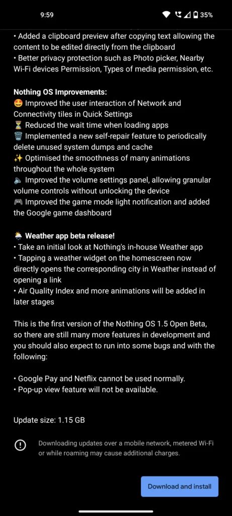 Nothing OS 1.5 beta update patch notes