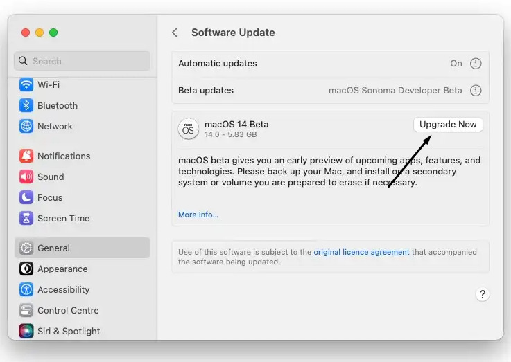 تثبيت تحديث MacOS 14 Beta