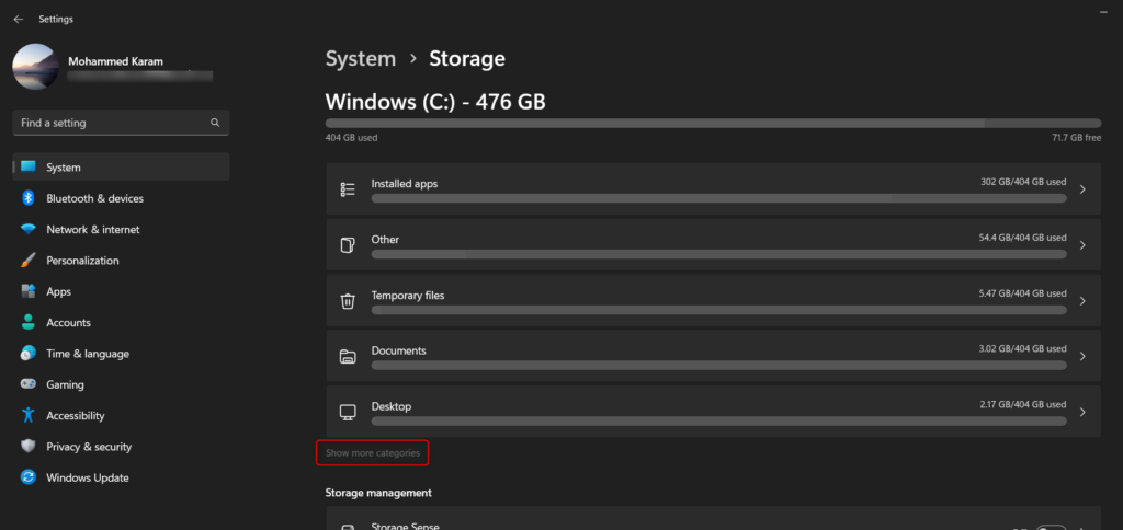 show more categories storage sense
