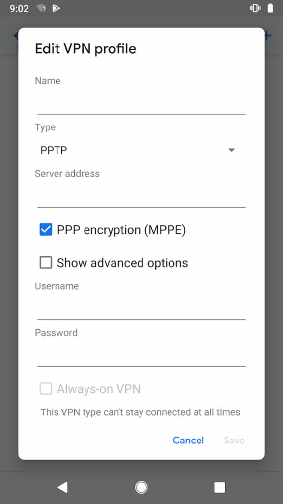 إضافة VPN عن طريق الاعدادات