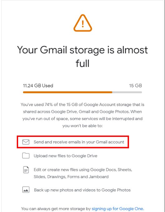 مشكلة عدم توافر مساحة في Gmail