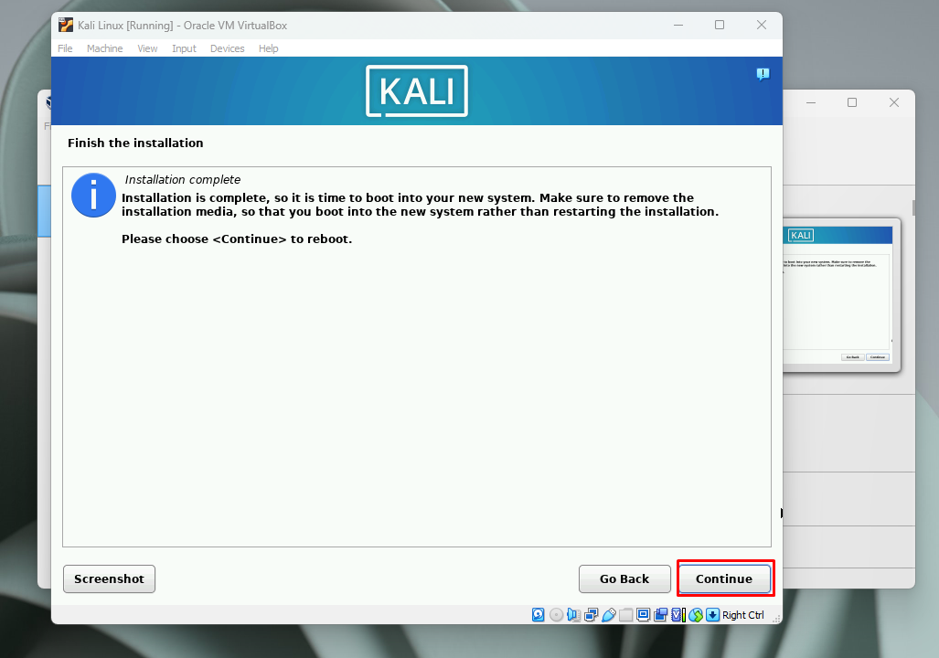 اكتملت عملية تثبيت نظام Kali Linux 