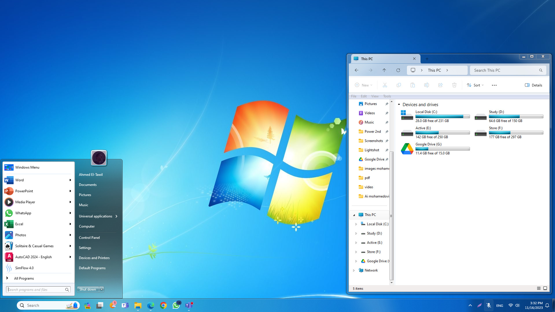 old windows 7 start menu and file explorer on windows 11 system