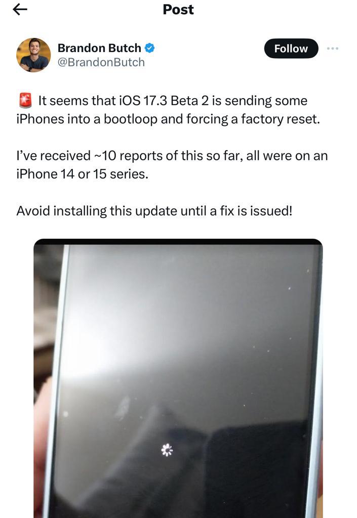 مشكلة الايفون لا يعمل بعد تحديث iOS 17.3 Beta 2