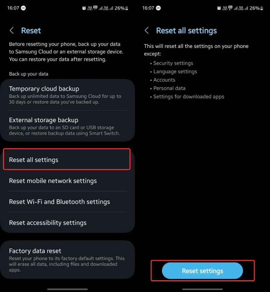 Reset all settings on Samsung
