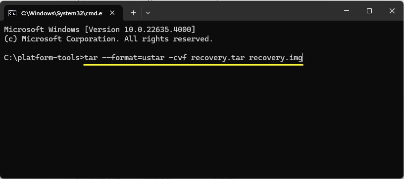 recovery imf to tar platform tools cmd