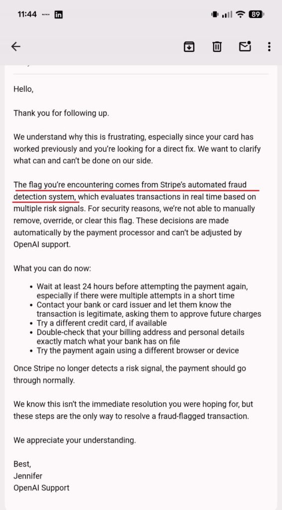 حل مشكلة Your card has been declined عند الاشتراك في ChatGPT 7 OpenAI Support Response