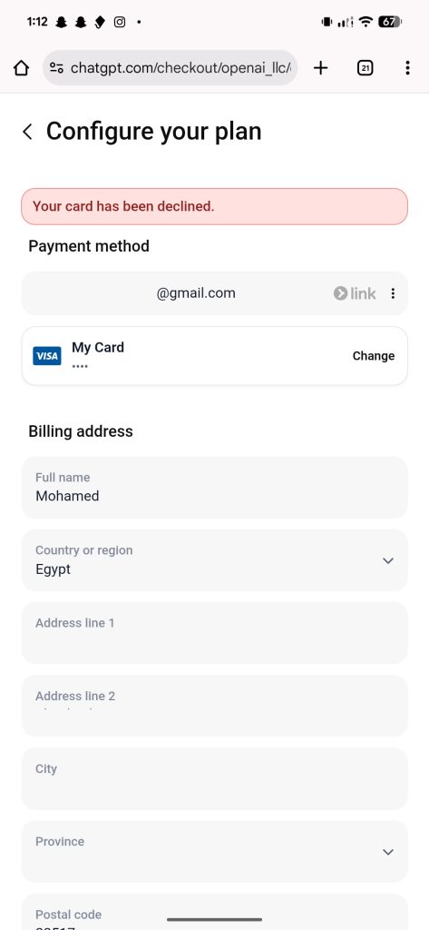 حل مشكلة Your card has been declined عند الاشتراك في ChatGPT 5 مشكلة تم رفض الكارت الخاص بك عند الاشتراك في ChatGPT