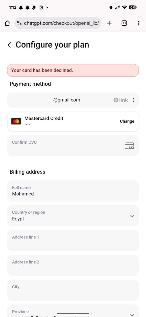 حل مشكلة Your card has been declined عند الاشتراك في ChatGPT 6 Your card has been declined ChatGPT 02