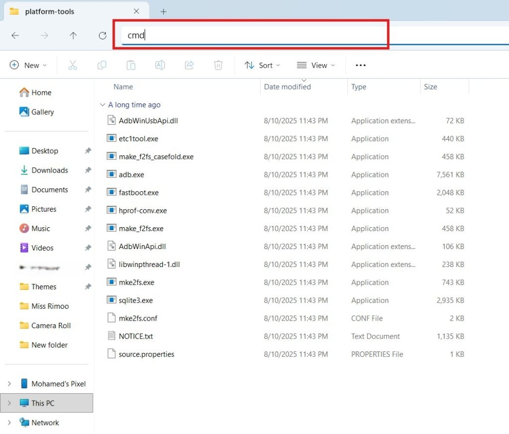 ما كيفية فتح البوت-لودر بهاتف Nothing؟ دليل كامل للمبتدئين 7 فتح نافذة CMD بداخل مجلد platform-tools